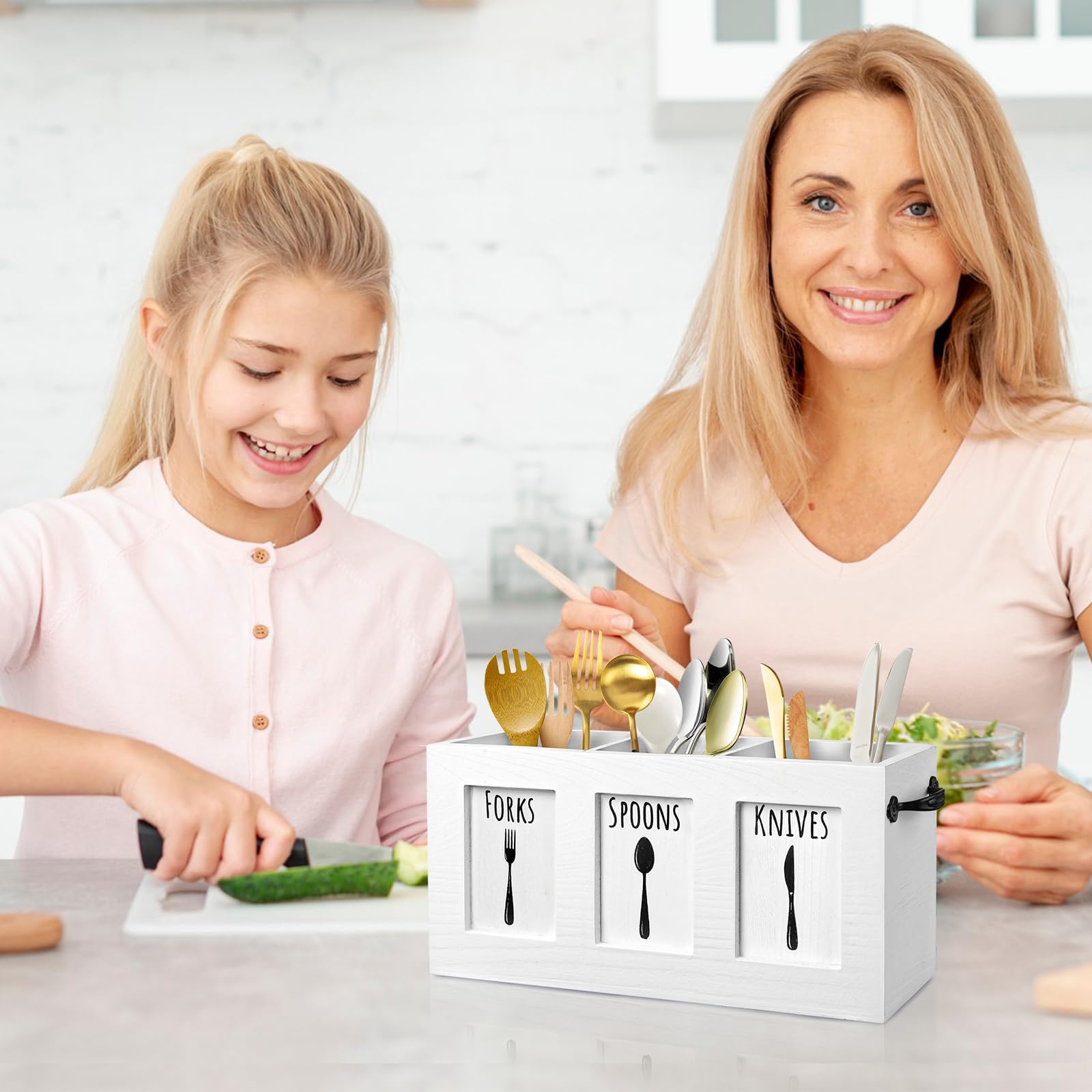 MINCORD wood flatware organizer three-compartment labels organize forks spoons and knives