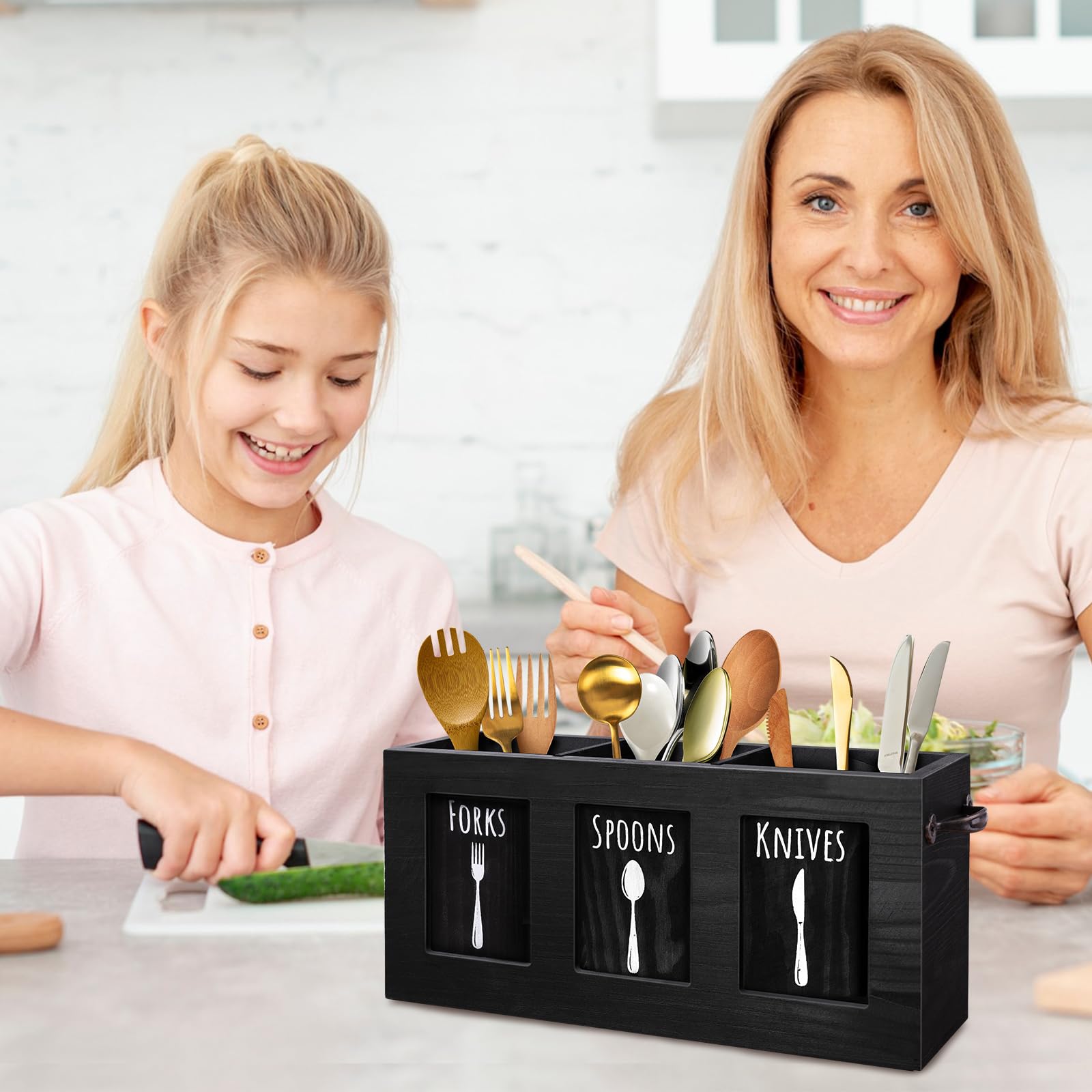 MINCORD wood flatware organizer top view compact countertop footprint.