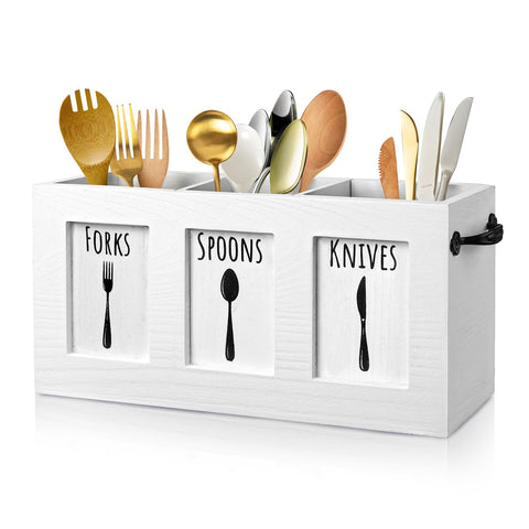 MINCORD wood flatware organizer top view shows compact countertop storage