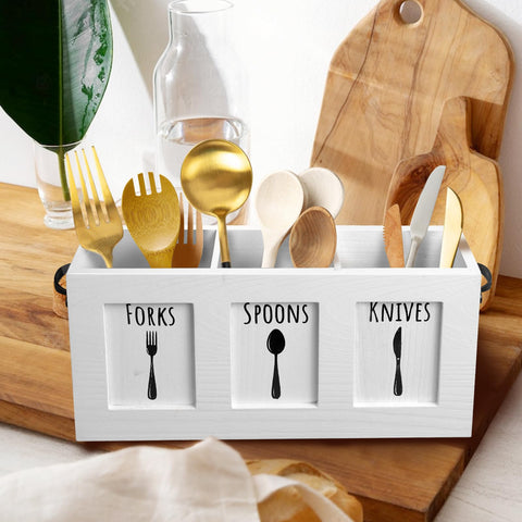 MINCORD wood flatware organizer close-up highlights natural wood grain finish
