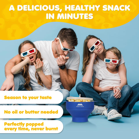 Mindful Design BPA-free silicone popcorn bowl blue emphasizes safe, toxin-free snacking at home.