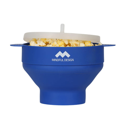 Mindful Design collapsible popcorn popper in blue for easy storage and movie-night snacks.
