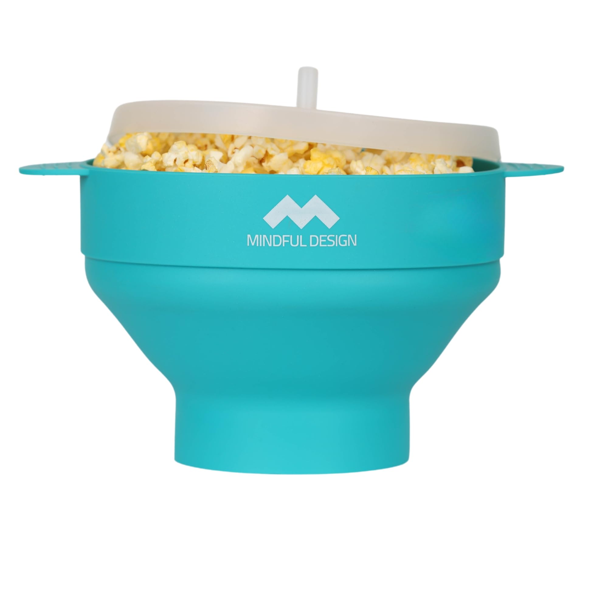 Mindful Design collapsible popcorn popper cyan ready for space-saving storage.