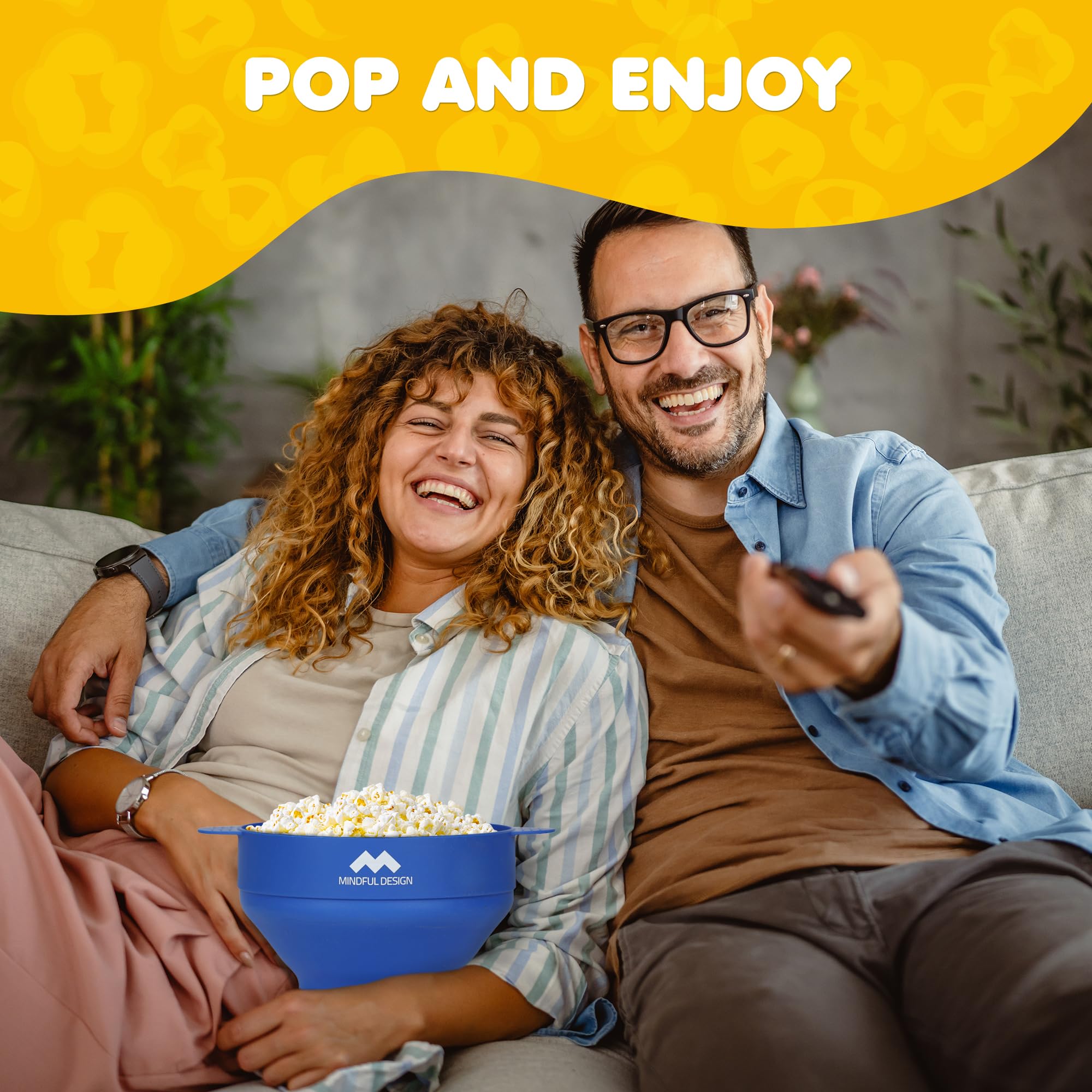 Mindful Design blue silicone bowl ready for quick, flavorful popcorn in minutes.