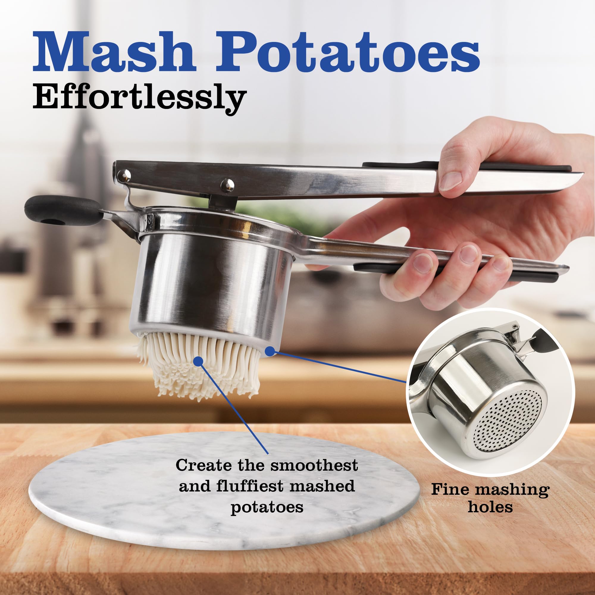 Mindful Design potato ricer ergonomic handle enables comfortable pressing for all ages