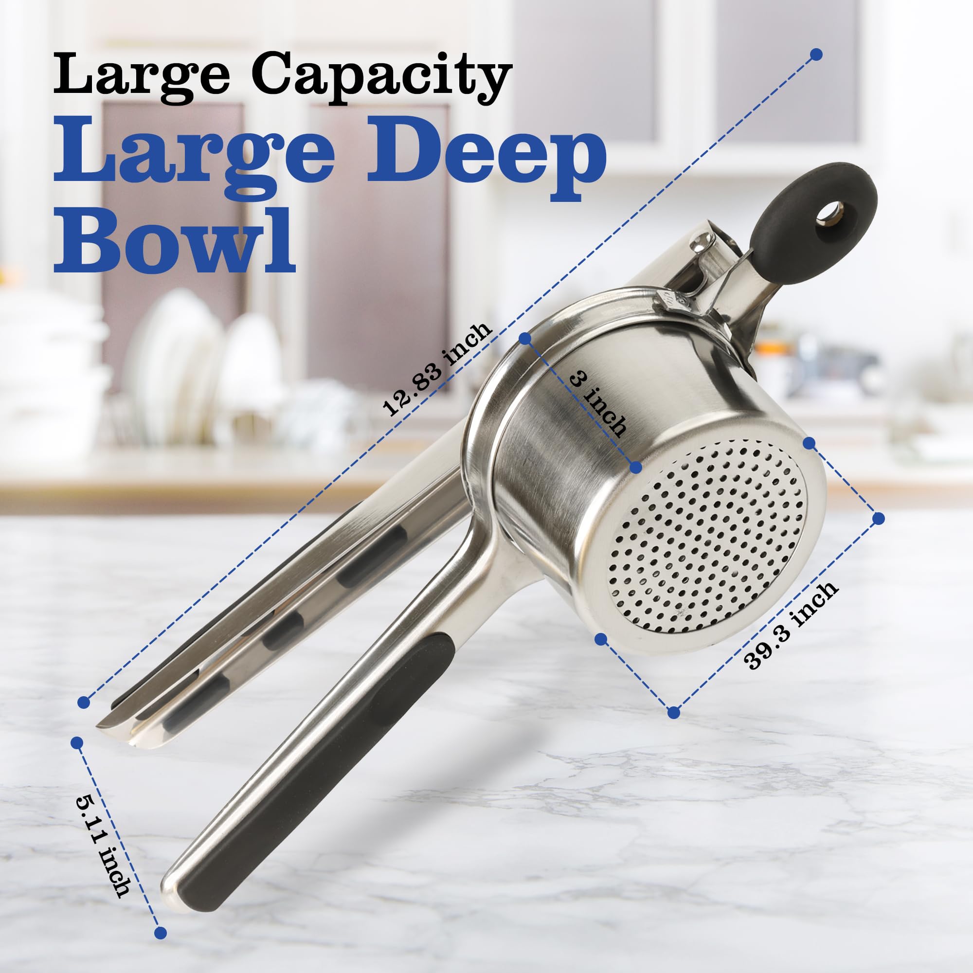 Mindful Design potato ricer in-use image shows large capacity handling big batches
