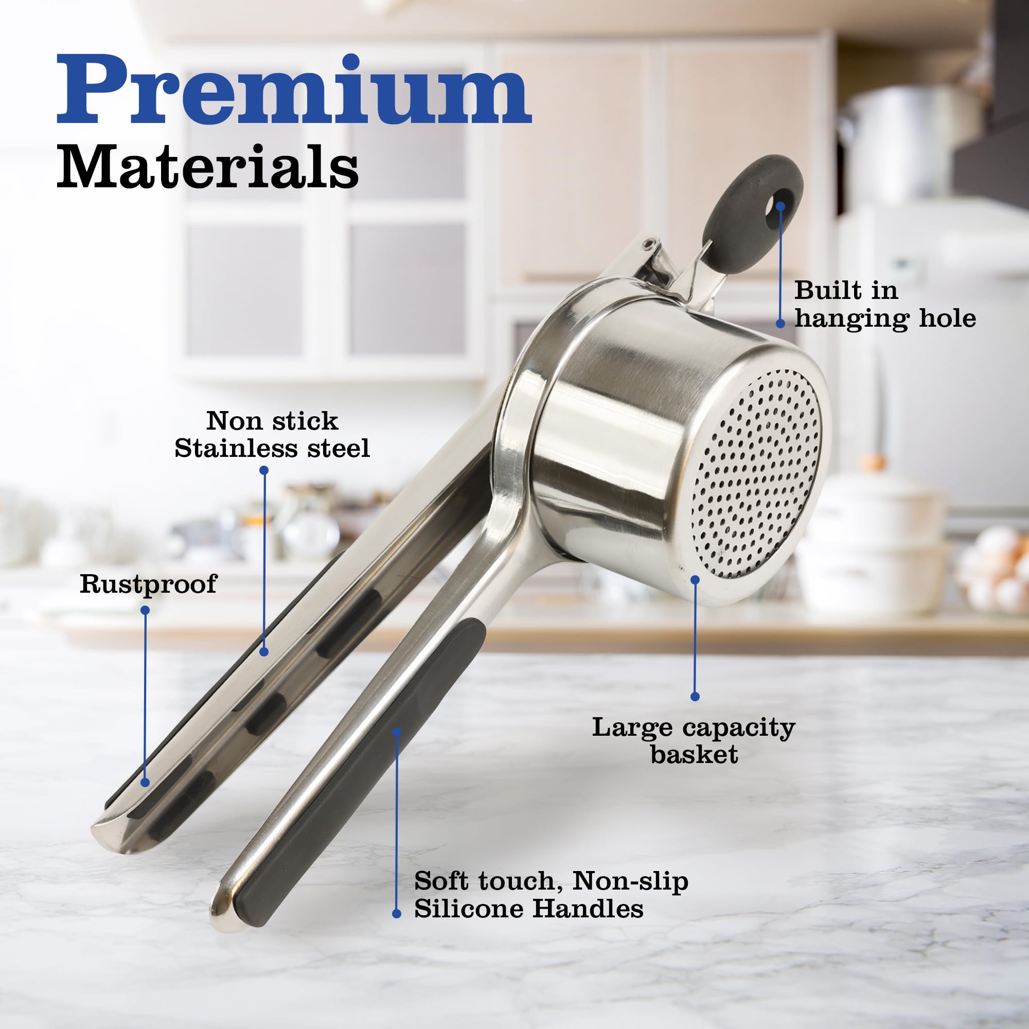 Mindful Design potato ricer three-discs set enables fine, medium, and coarse textures
