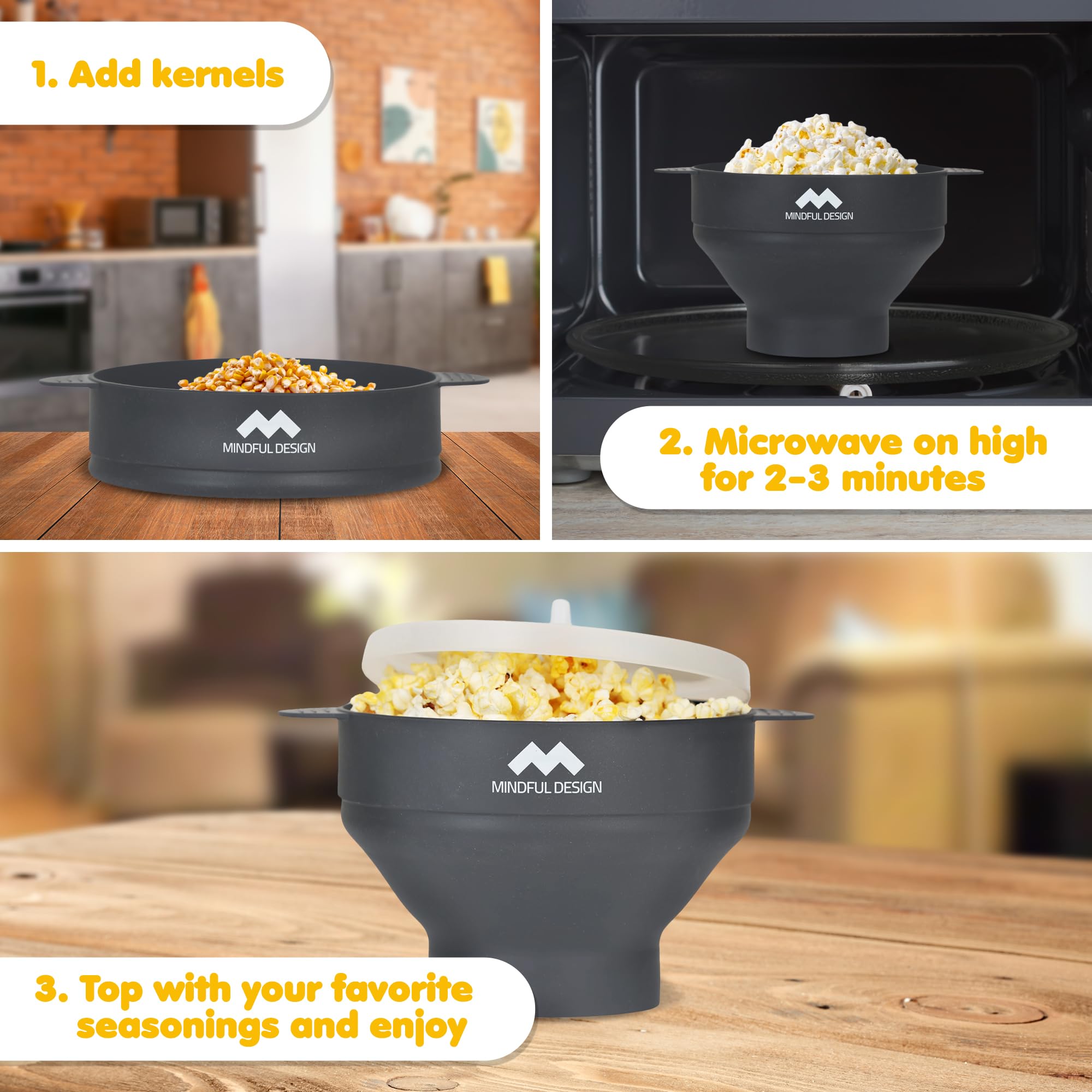 Mindful Design popcorn bowl in microwave for quick, even heating