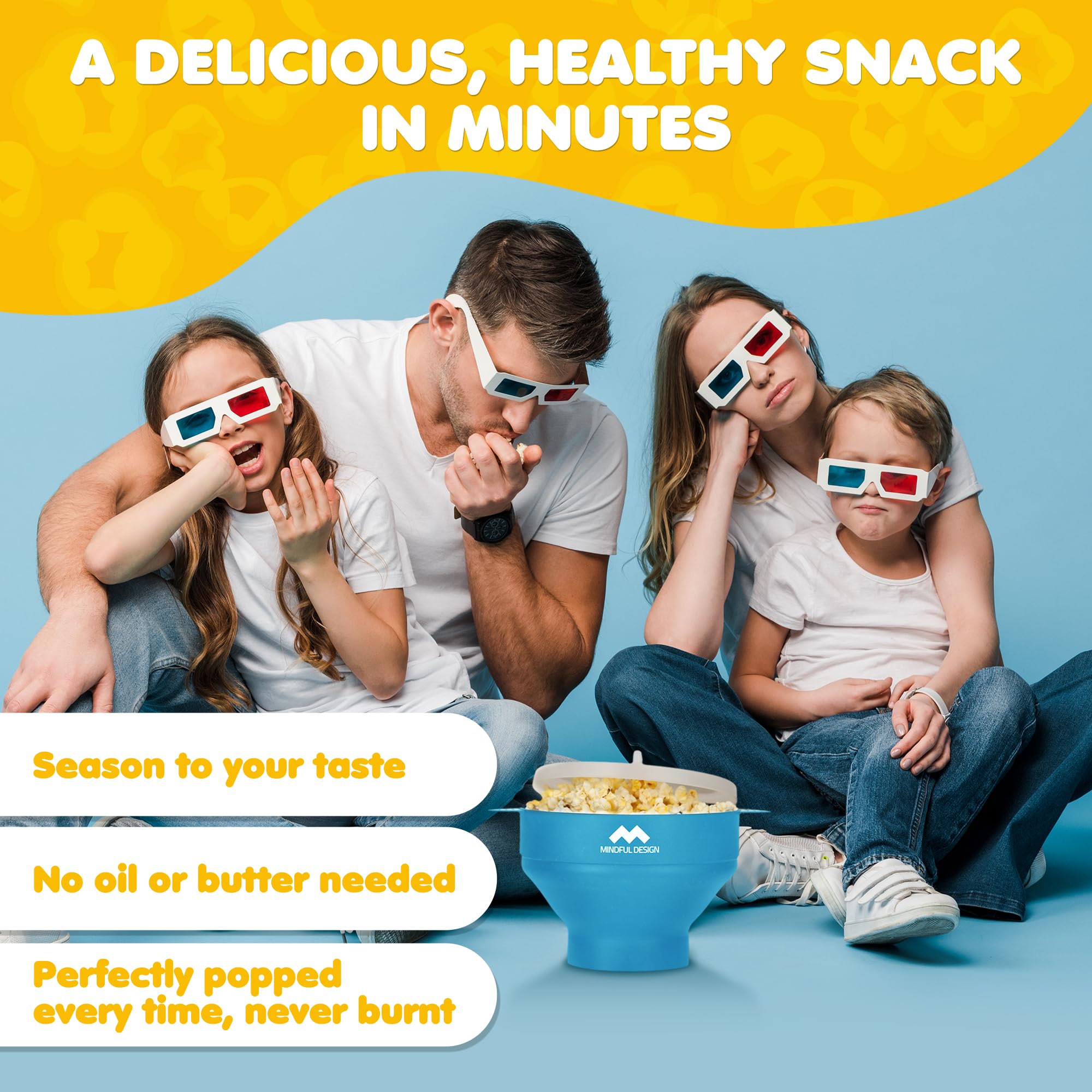 Mindful Design popcorn popper in microwave for even heat and fewer unpopped kernels.