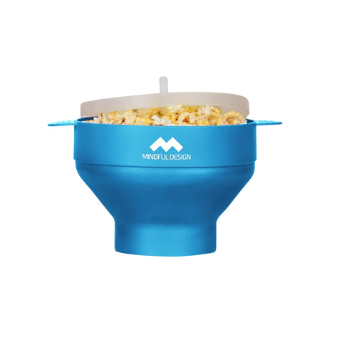 Mindful Design popcorn popper in silicone bowl ready for quick, safe popcorn.
