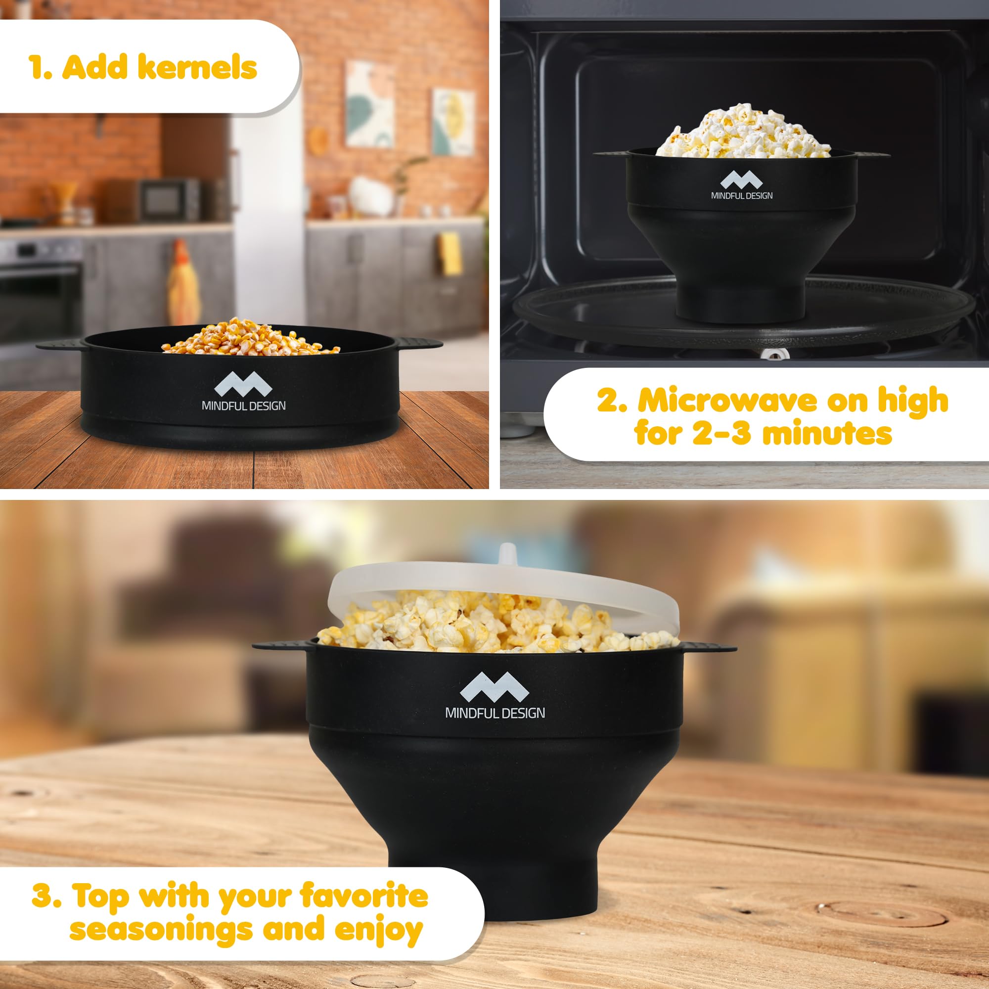 Mindful Design popcorn popper with built-in handles and lid for safe family use.