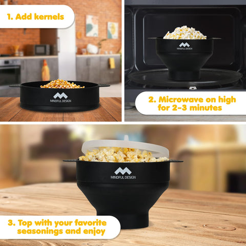 Mindful Design popcorn popper with built-in handles and lid for safe family use.