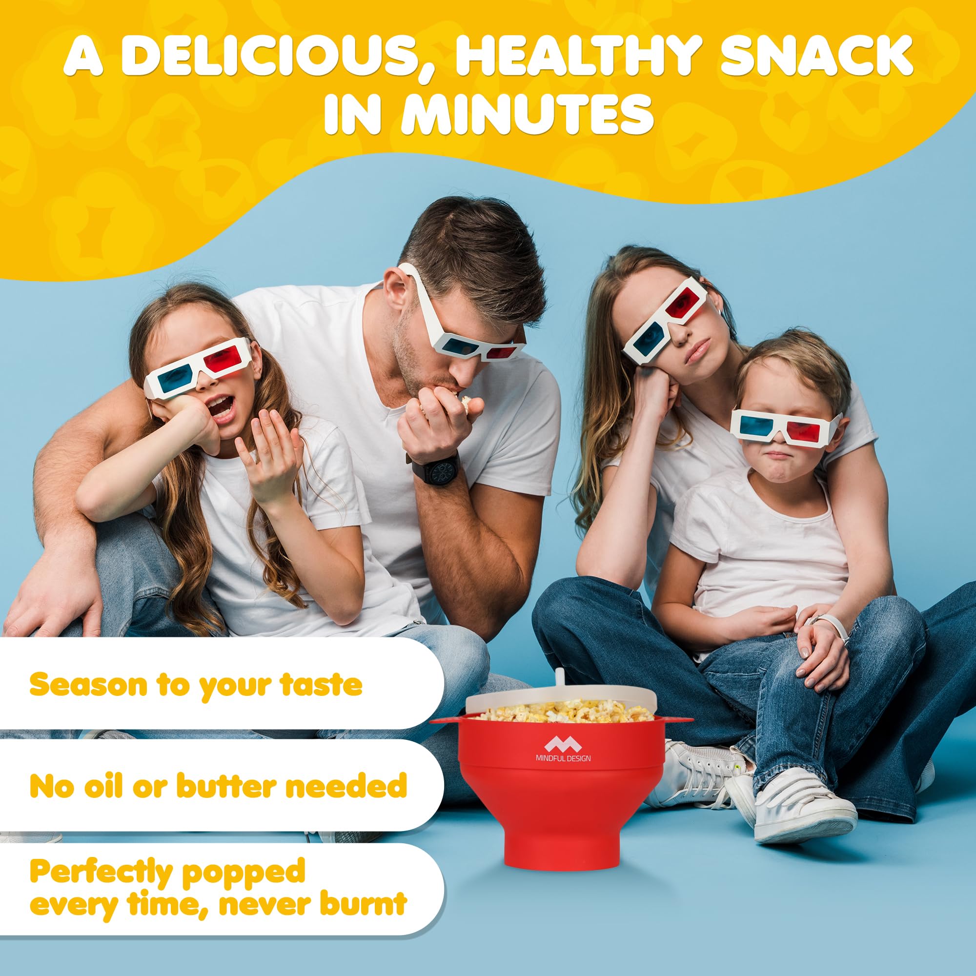 Mindful Design silicone bowl pops corn evenly for fluffy kernels.