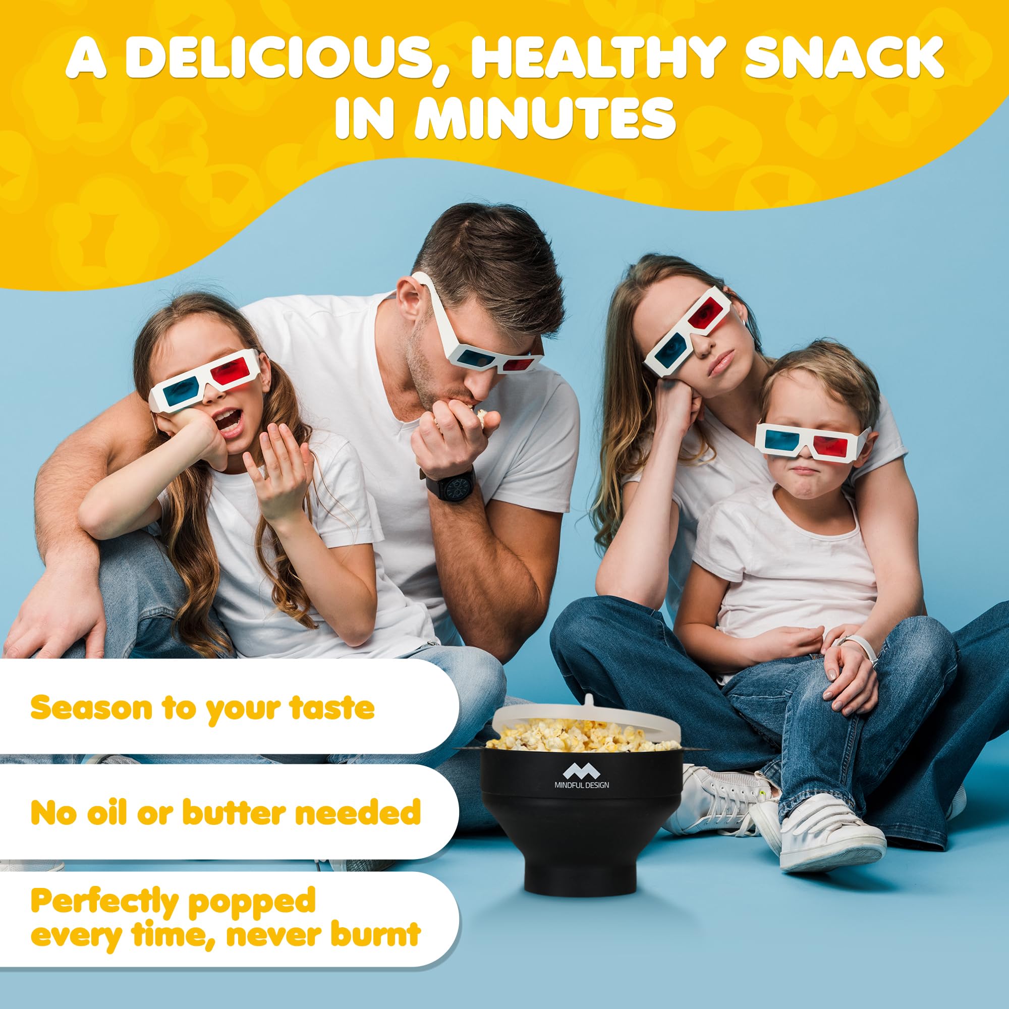 Mindful Design silicone popcorn popper highlights even heat distribution for fluffy kernels.