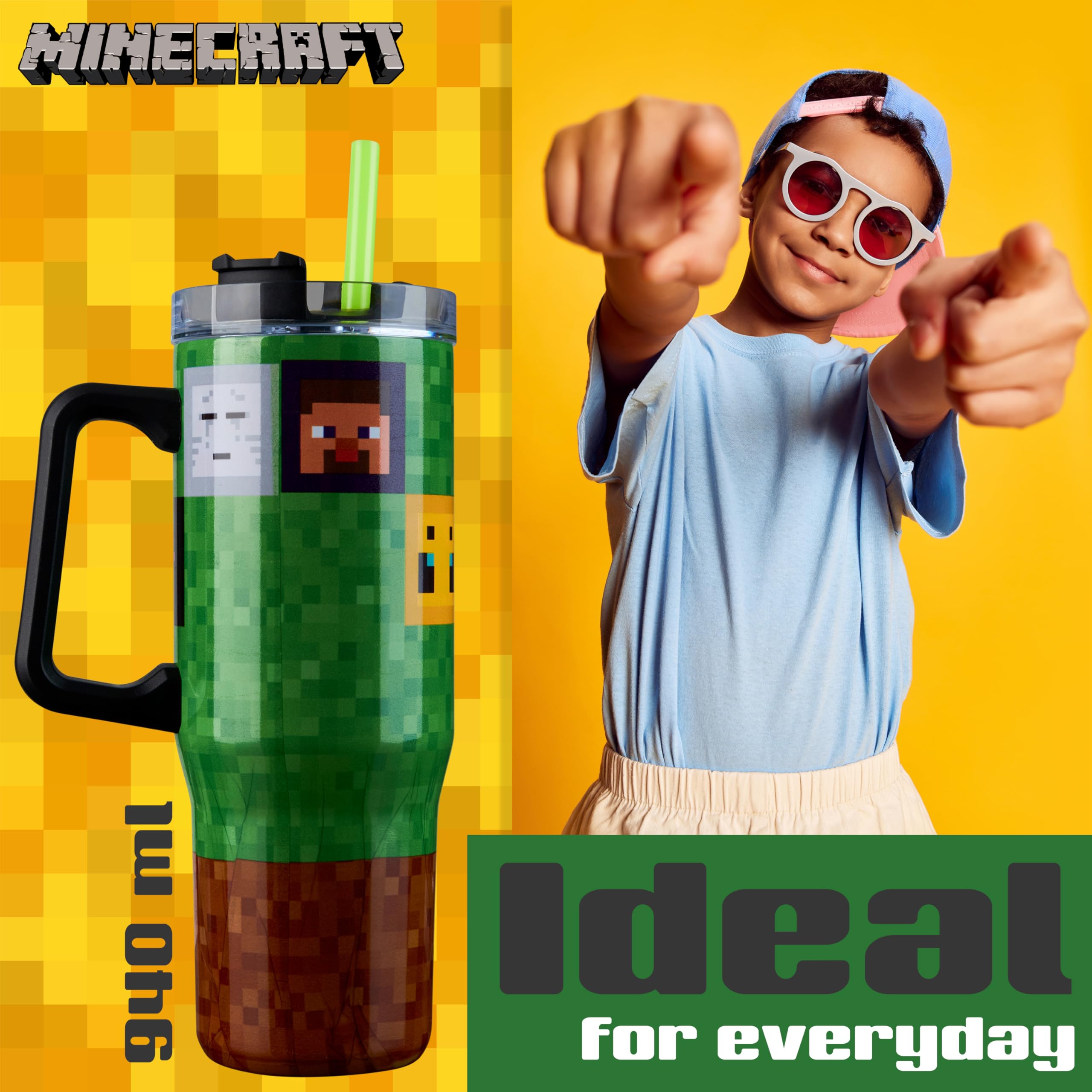 Minecraft insulated tumbler stainless steel body emphasizes durability and temperature control.