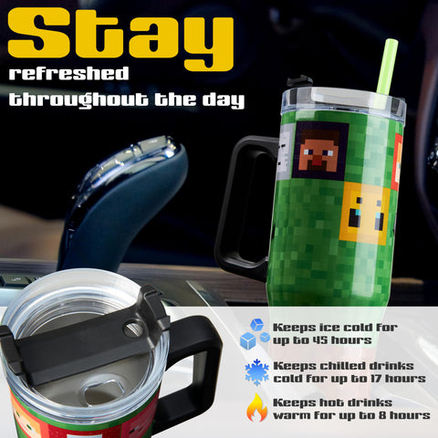 Minecraft tumbler in use by child highlighting portability and hydration.