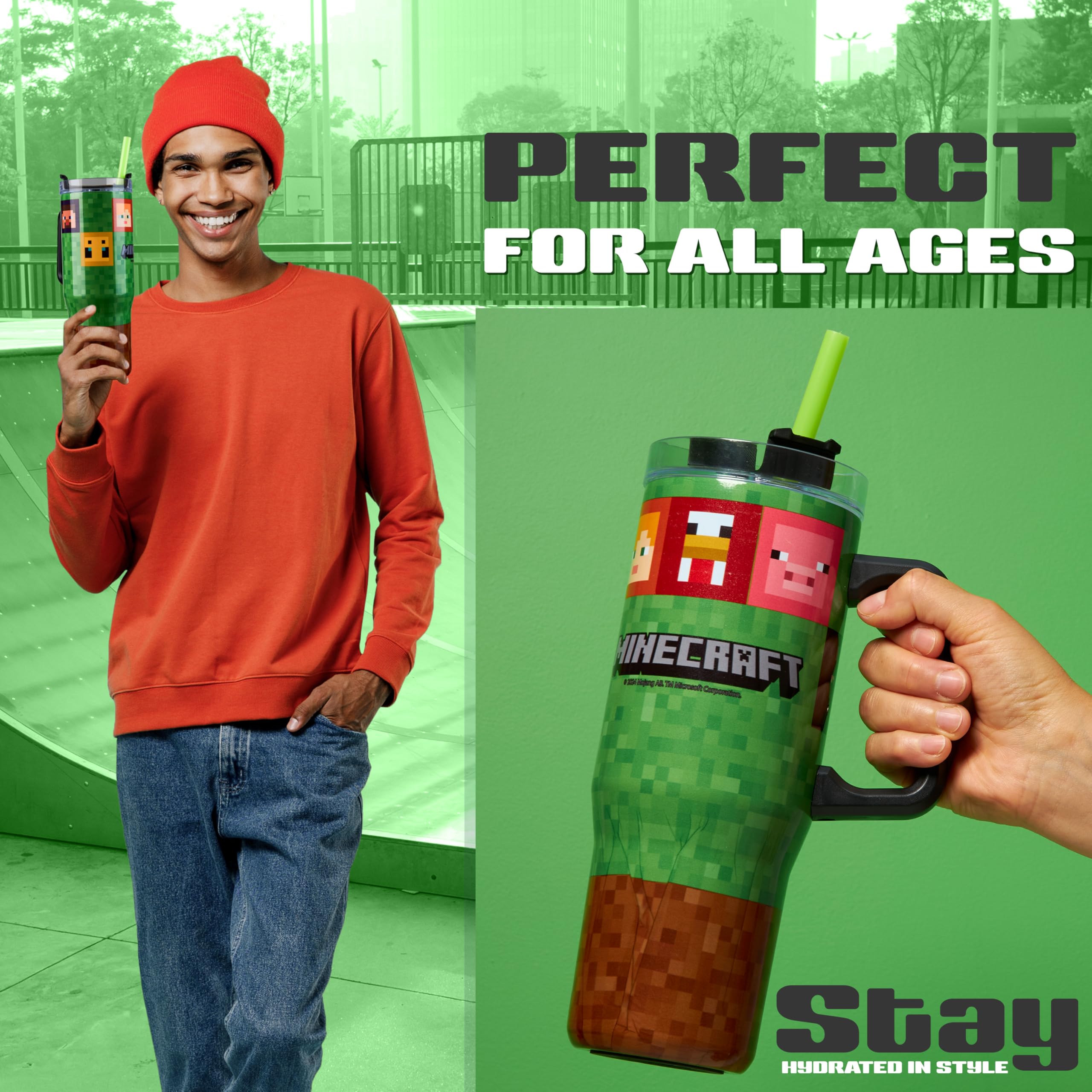 Minecraft tumbler with straw-cap ready for kids on the go.