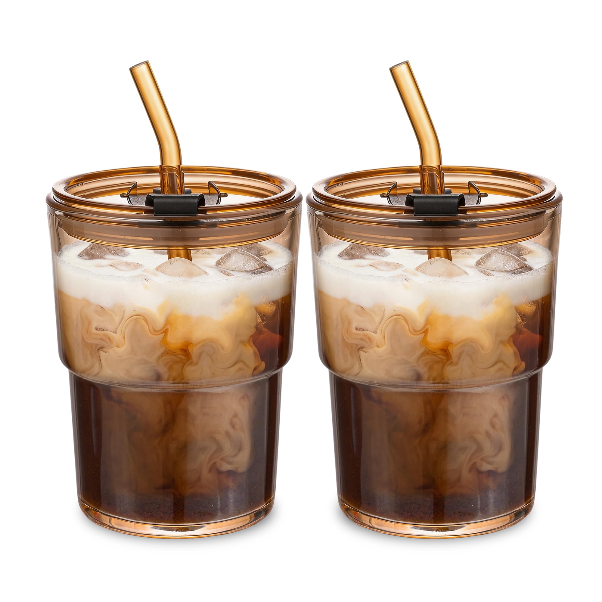MINGHYZYA amber 2-pack glass tumbler with lid and straw, ideal for on-the-go iced coffee.