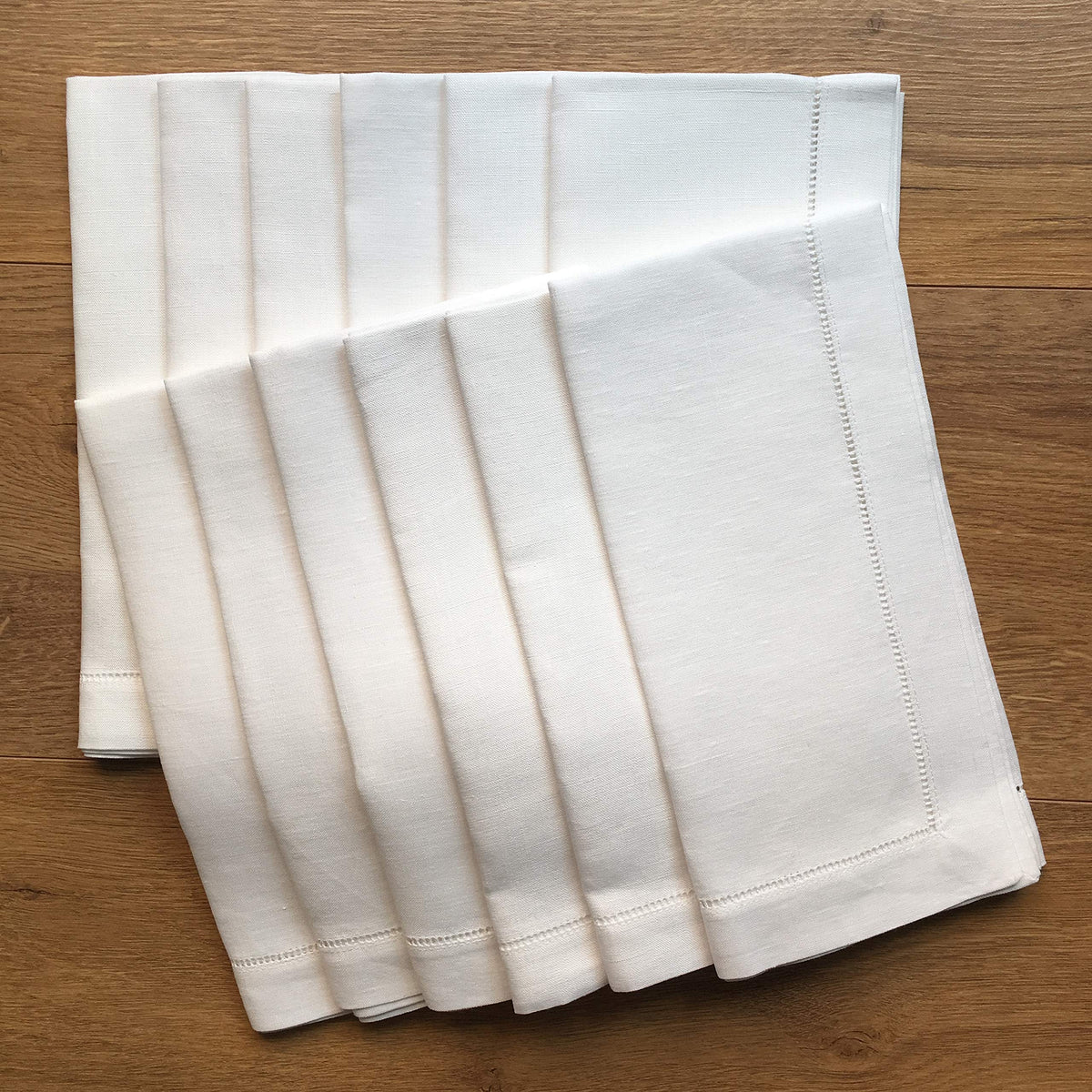 Minhcraft white linen napkins with hemstitch closeup for elegant table styling