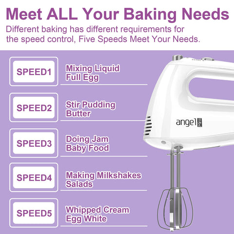 Mini Angel hand mixer with 5-speed control for precise texture.