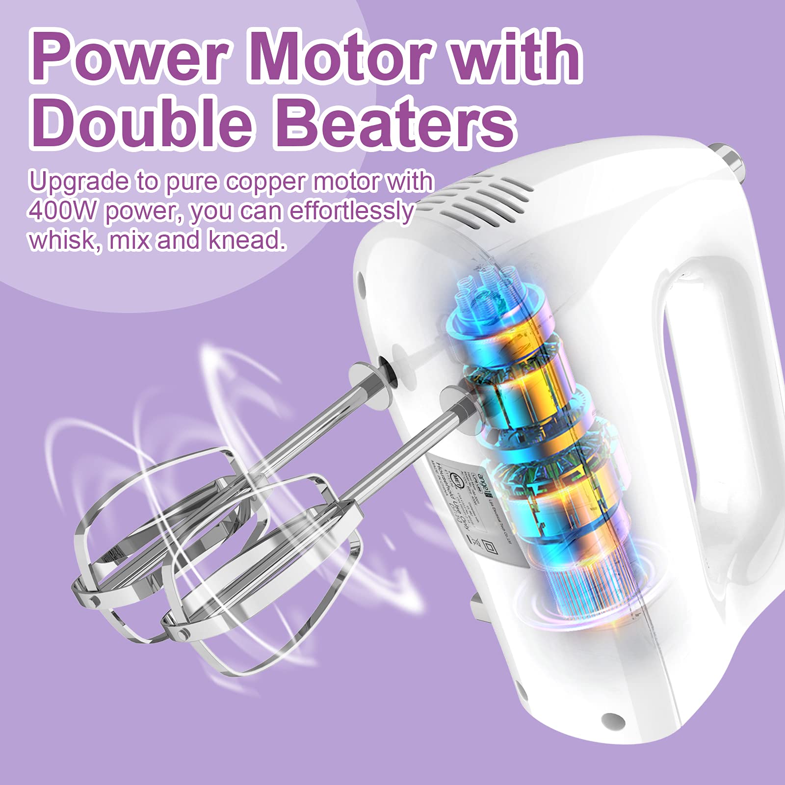 Mini Angel attachments with beaters, hooks, and whisk for versatile mixing.