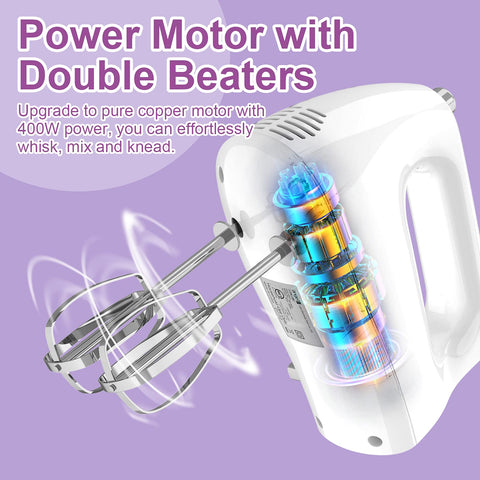 Mini Angel attachments with beaters, hooks, and whisk for versatile mixing.