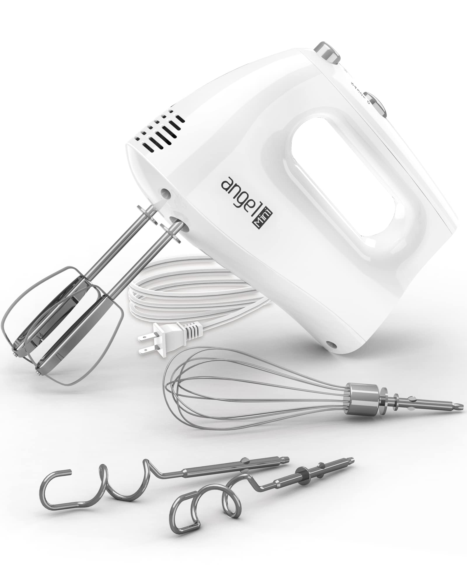 Mini Angel hand mixer in compact design for easy kitchen storage.