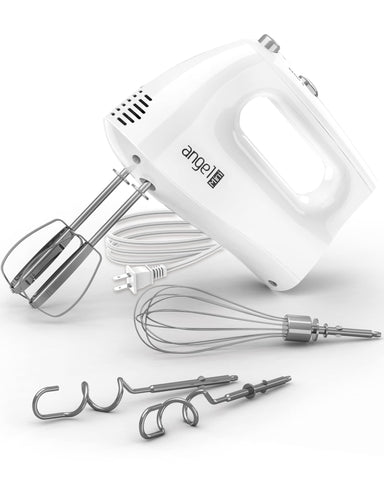 Mini Angel hand mixer in compact design for easy kitchen storage.