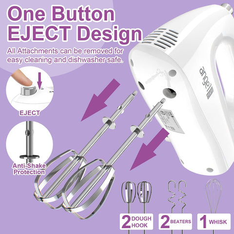 Mini Angel hand mixer with one-button eject for quick part changes.