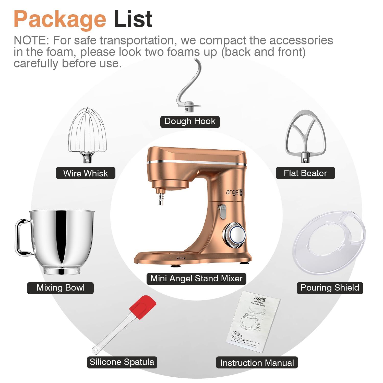 Mini Angel stand mixer 3+1 attachments including scraper for cleanup