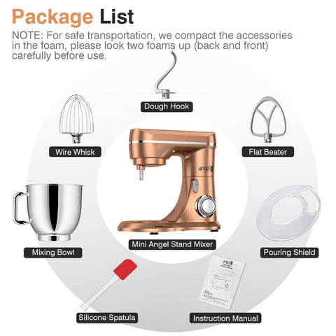 Mini Angel stand mixer 3+1 attachments including scraper for cleanup