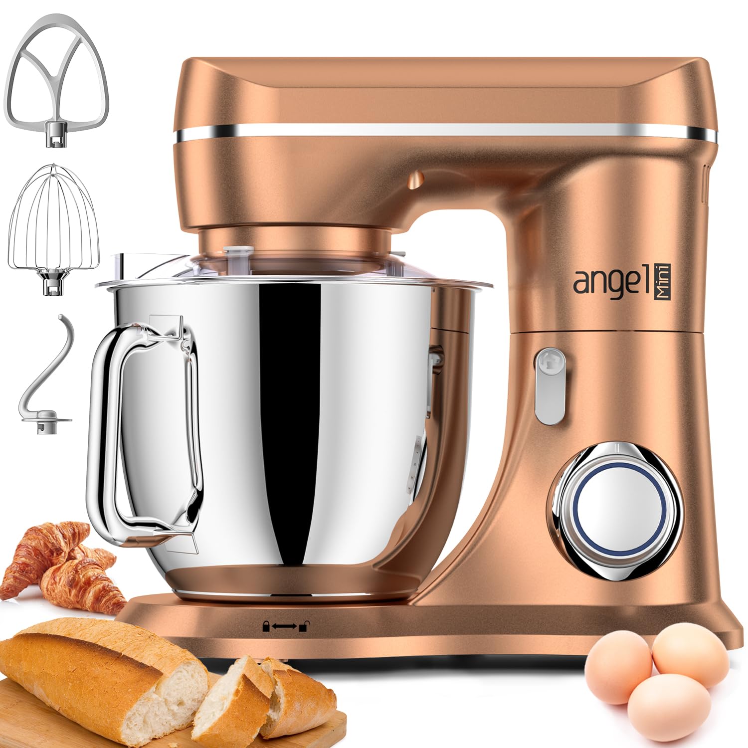Mini Angel stand mixer champagne finish enhances modern kitchens