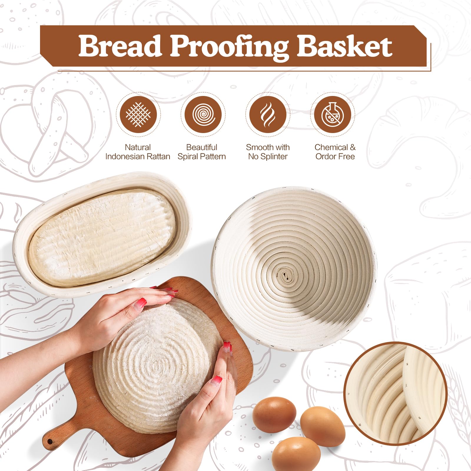 MINO ANT 9-inch round banneton basket shaping bread with spiral pattern