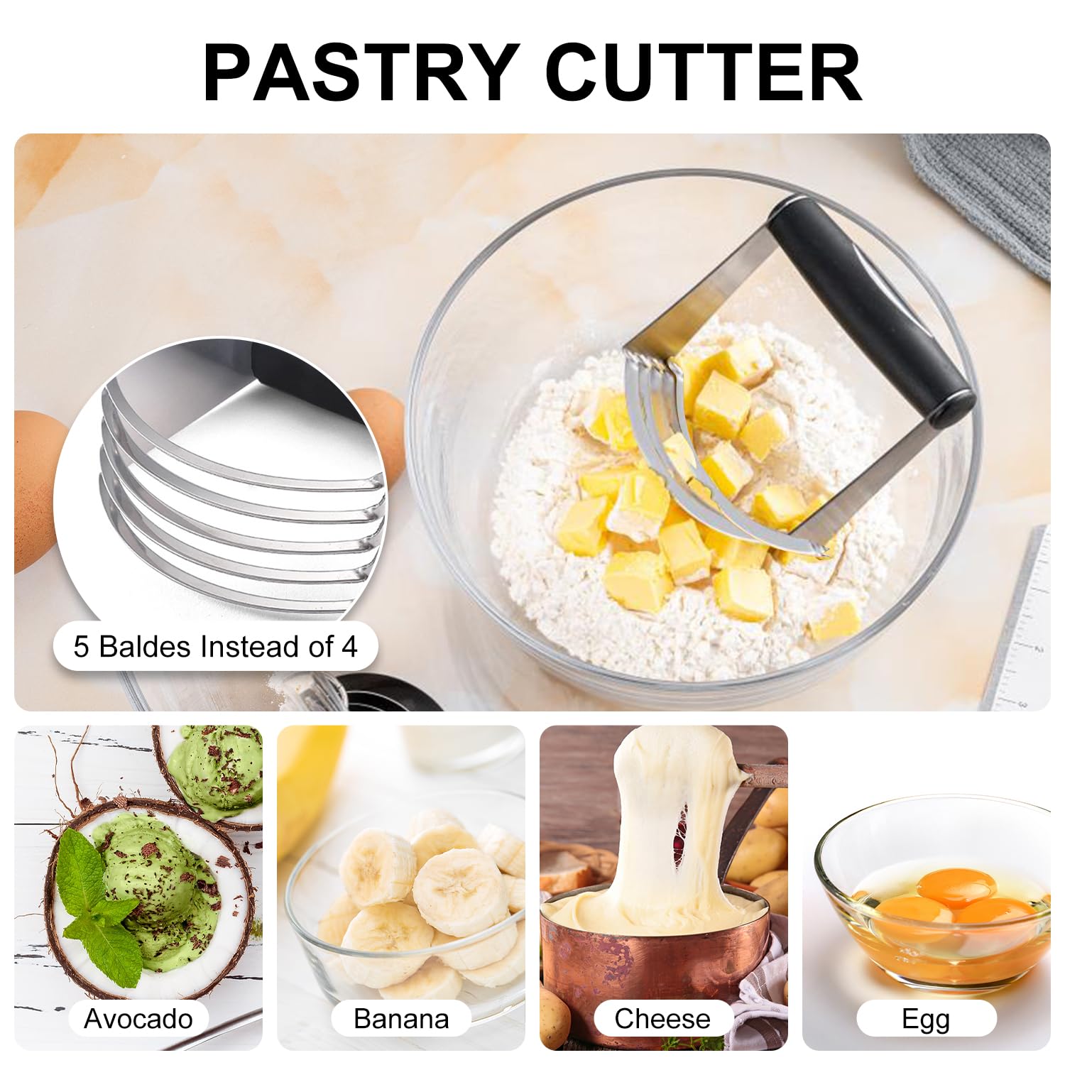 MINO ANT stainless steel pastry blender blends butter for flaky dough.