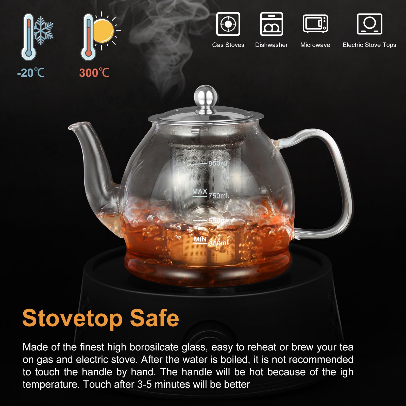MINO ANT stovetop-safe glass teapot suitable for stove use.