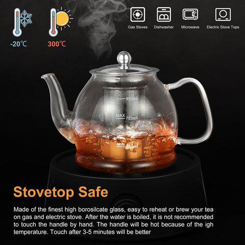 MINO ANT stovetop-safe glass teapot suitable for stove use.