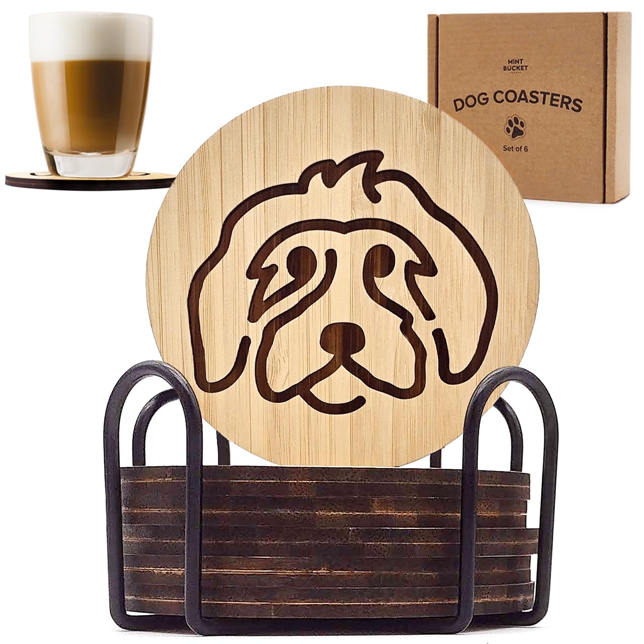 Mint Bucket Brands dog coaster set arranged for living room decor and protection