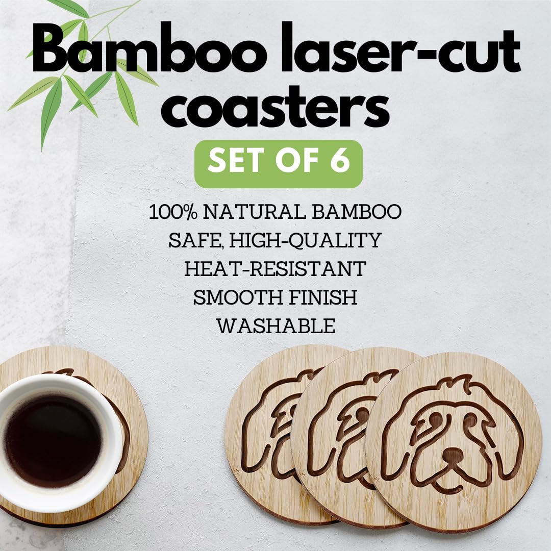 Mint Bucket Brands laser-engraved dog face detail on bamboo coaster