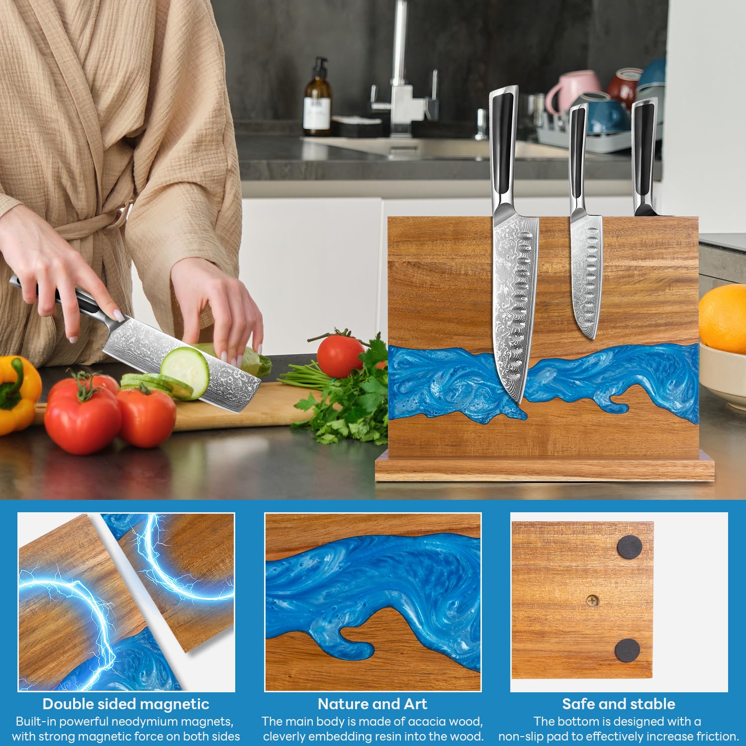 Minyuexia wood-resin knife block with seamless edges for stable, shake-free knife storage.