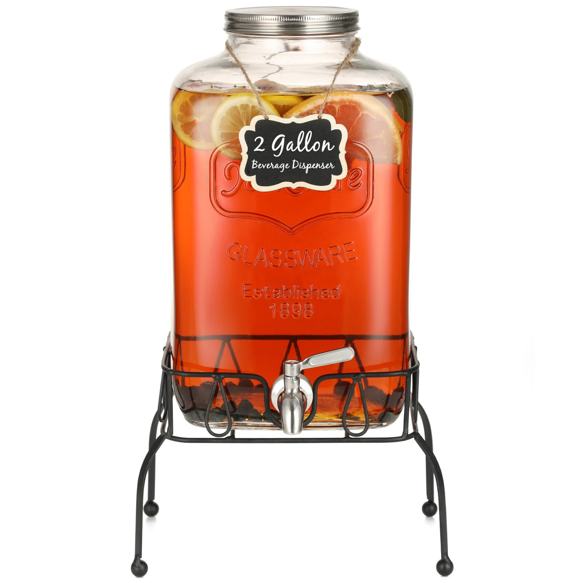 MiraEase 2-gallon glass dispenser with stand for easy party serving.