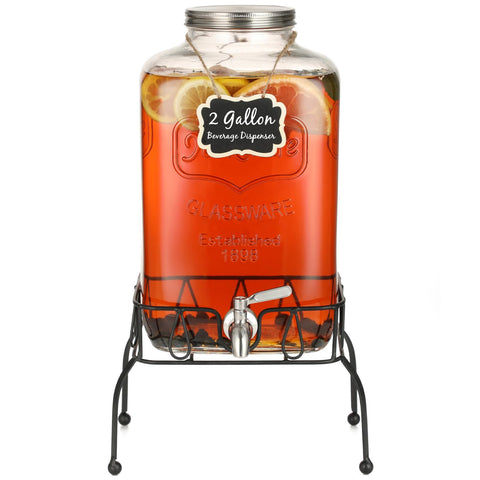 MiraEase 2-gallon glass dispenser with stand for easy party serving.