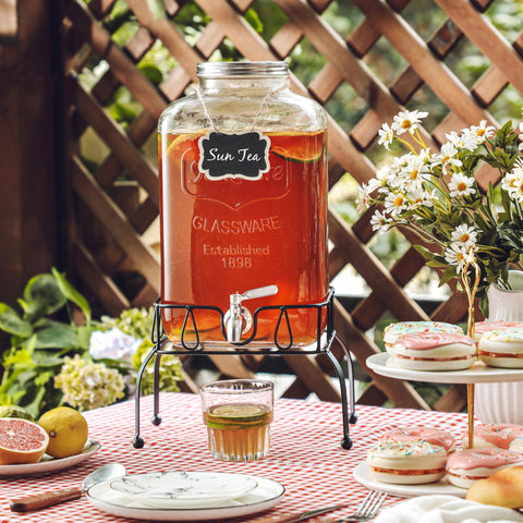 MiraEase glass beverage dispenser with chalkboard label for quick labeling.