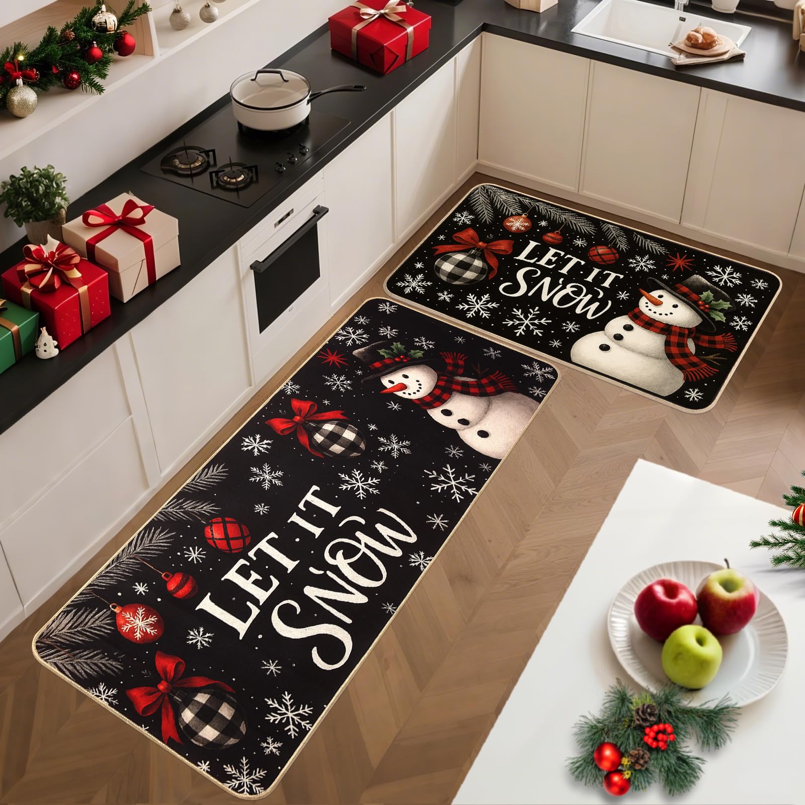 Mirok Christmas kitchen rug 17x47 two-rug set enhances larger kitchen standing space.