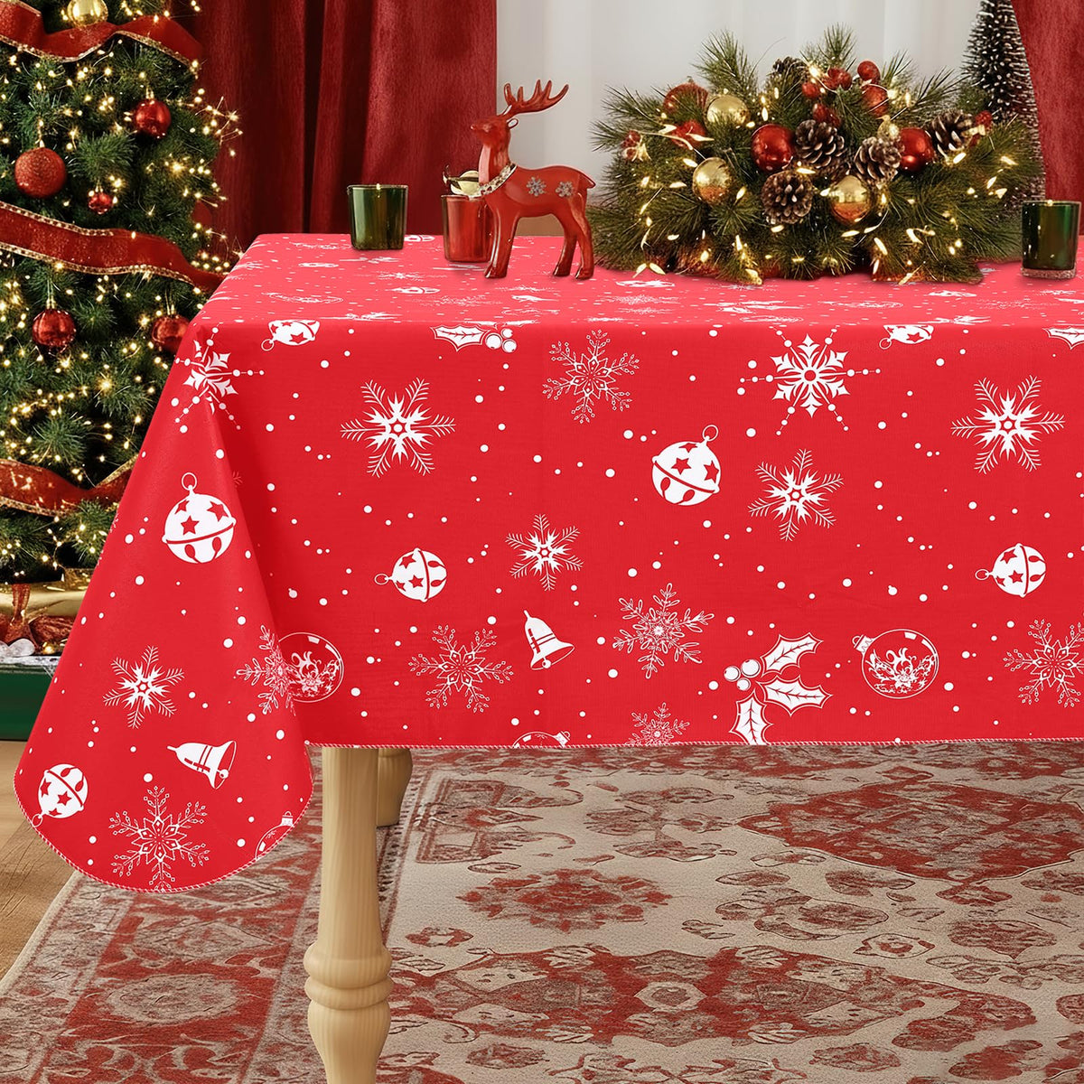 misaya Bells waterproof tablecloth provides spill protection for festive meals.