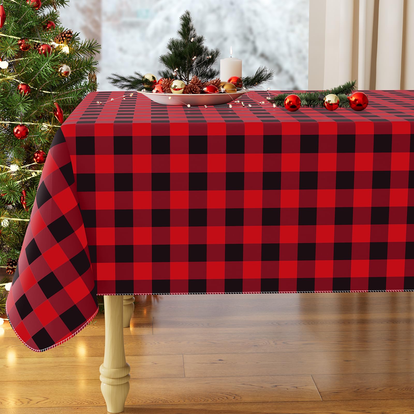 Misaya buffalo plaid tablecloth on a dining table showing waterproof surface protection for spills.