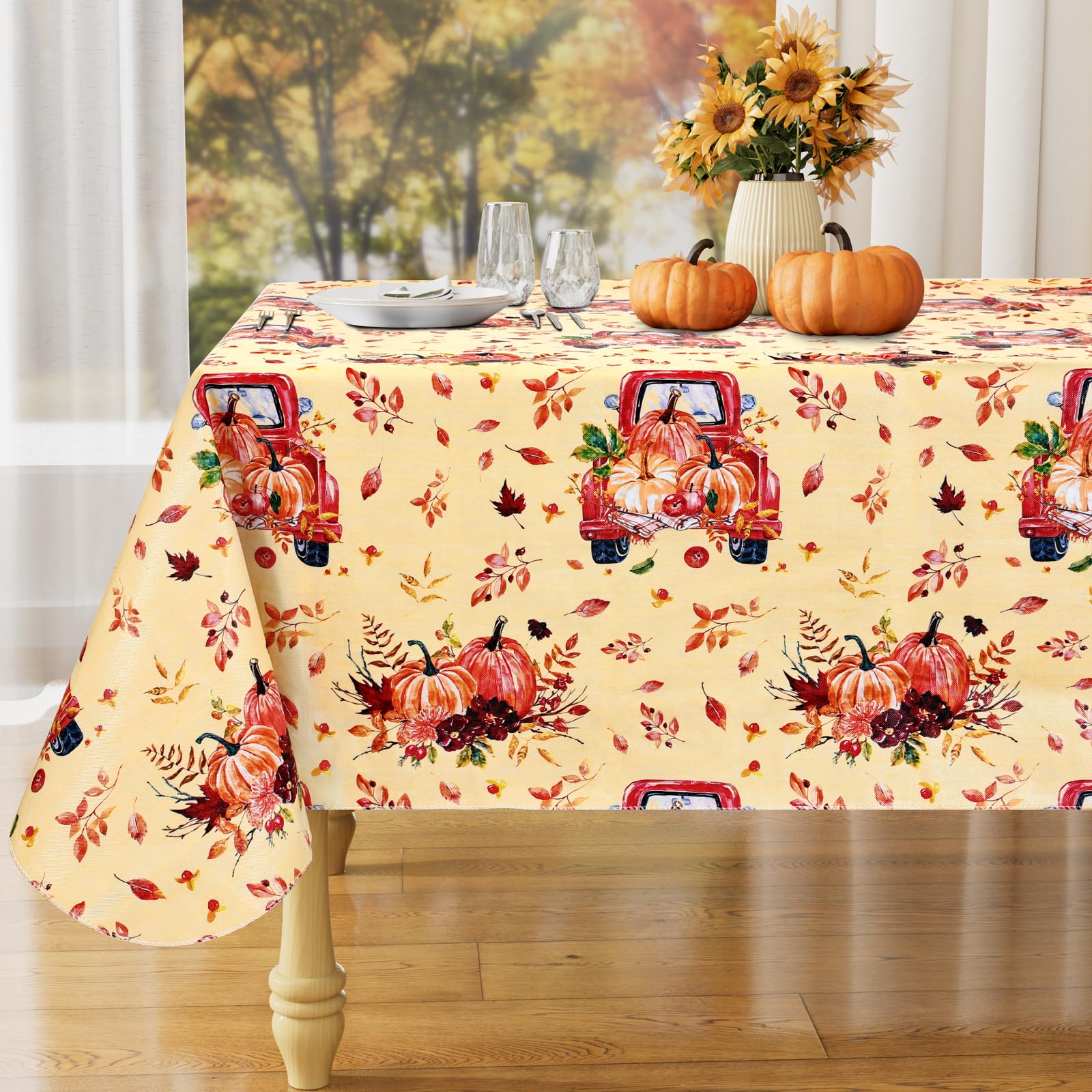 Misaya pumpkin truck tablecloth on autumn dining setup for cozy gatherings