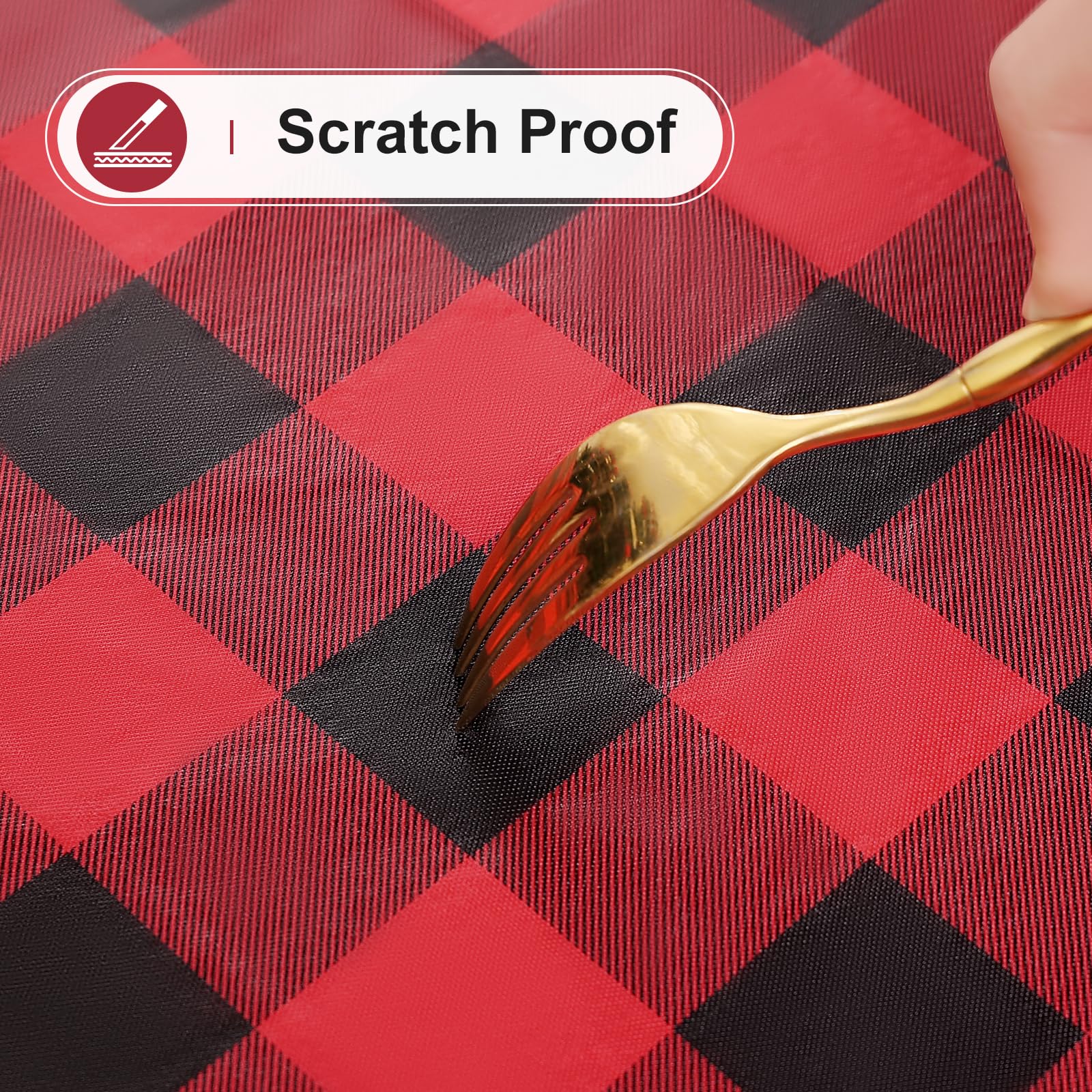 Misaya close-up of wipe-clean tablecloth demonstrates easy maintenance with a damp cloth.