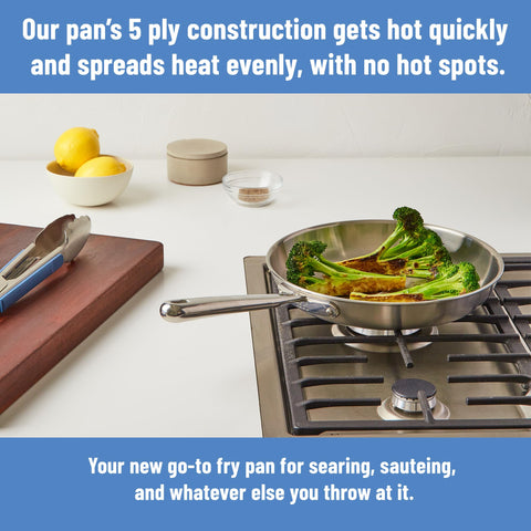 Misen 5-Ply 12" frying pan side shot with ergonomic stay-cool handle.