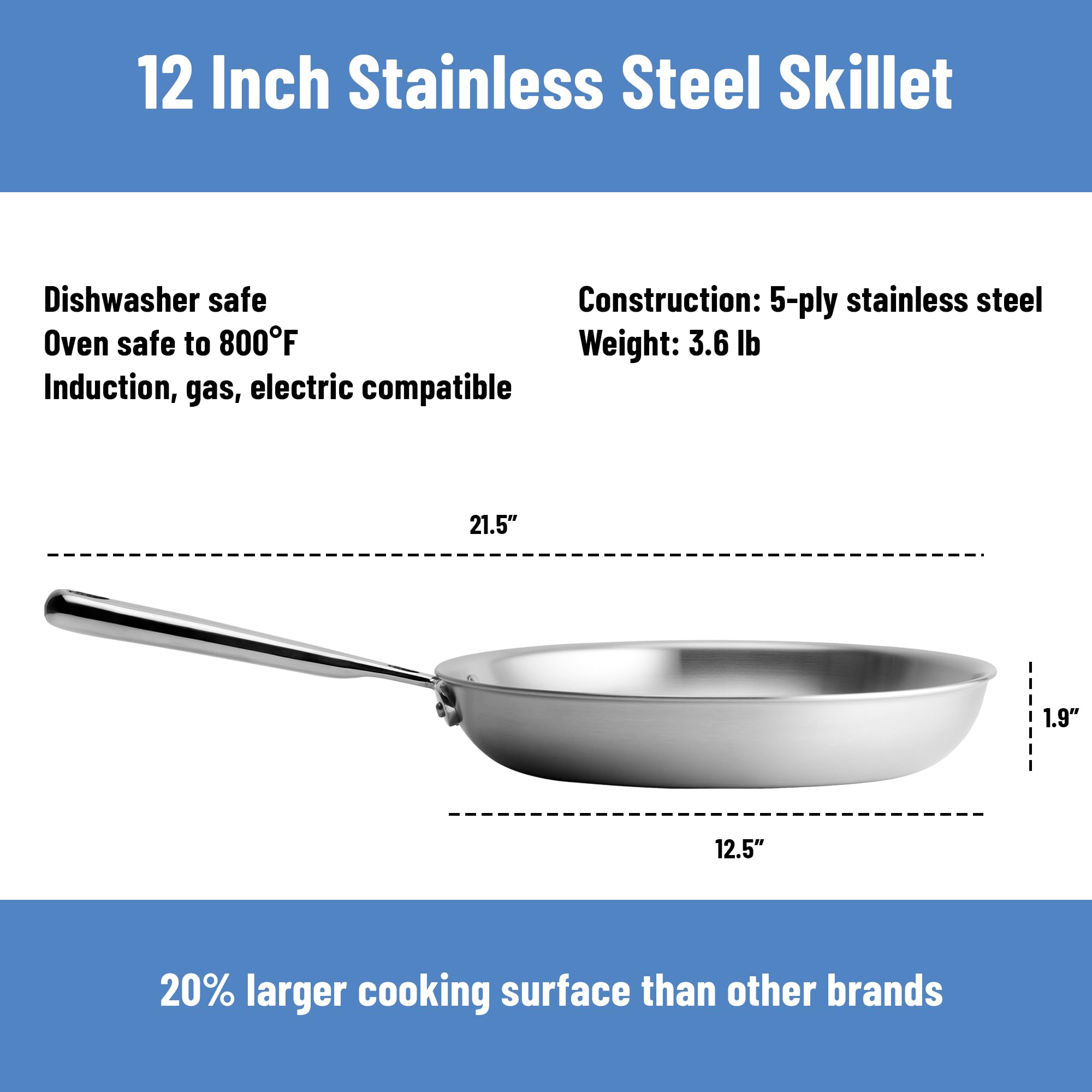 Wide 12" cooking surface ideal for searing and sautéing with space.