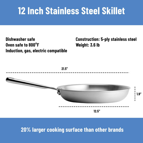 Wide 12" cooking surface ideal for searing and sautéing with space.